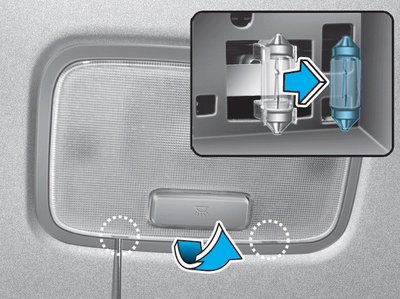 Hyundai i-20 Manuel de l'utilisateur : Remplacement de l'ampoule de  l'éclairage de la plaque d'immatriculation : Ampoules